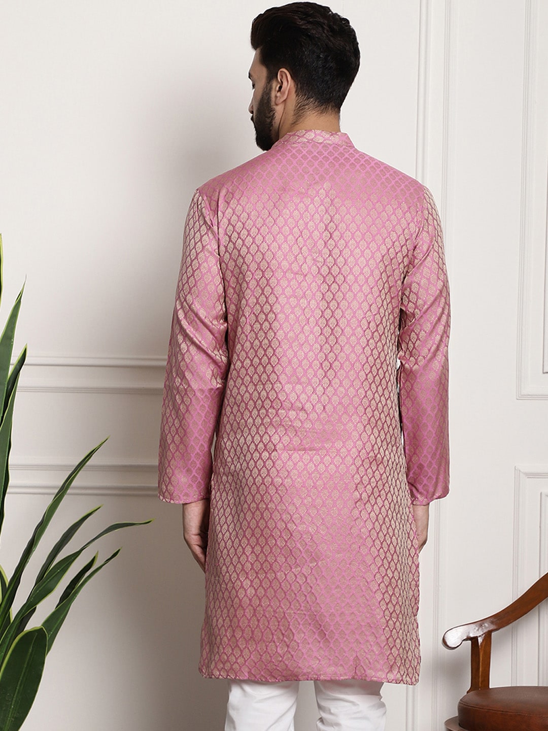 Sojanya Men Pink & Beige Ethnic Motifs Jacquard Woven Design Straight Kurta | Grocsy