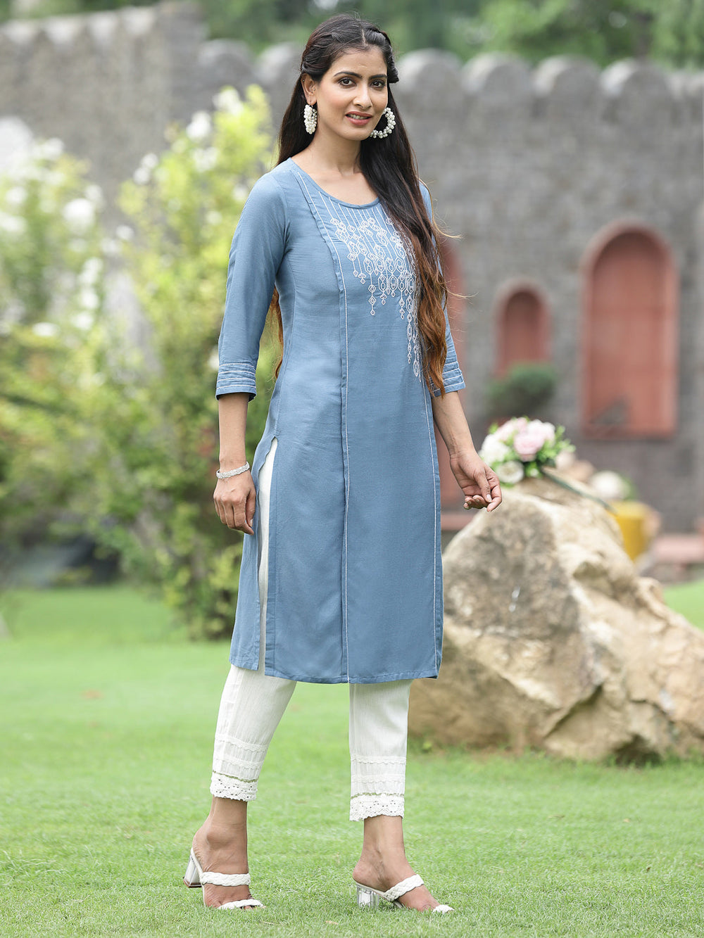 Juniper Women Grey Rayon Festive Wear Embroidered Straight Kurta | Grocsy