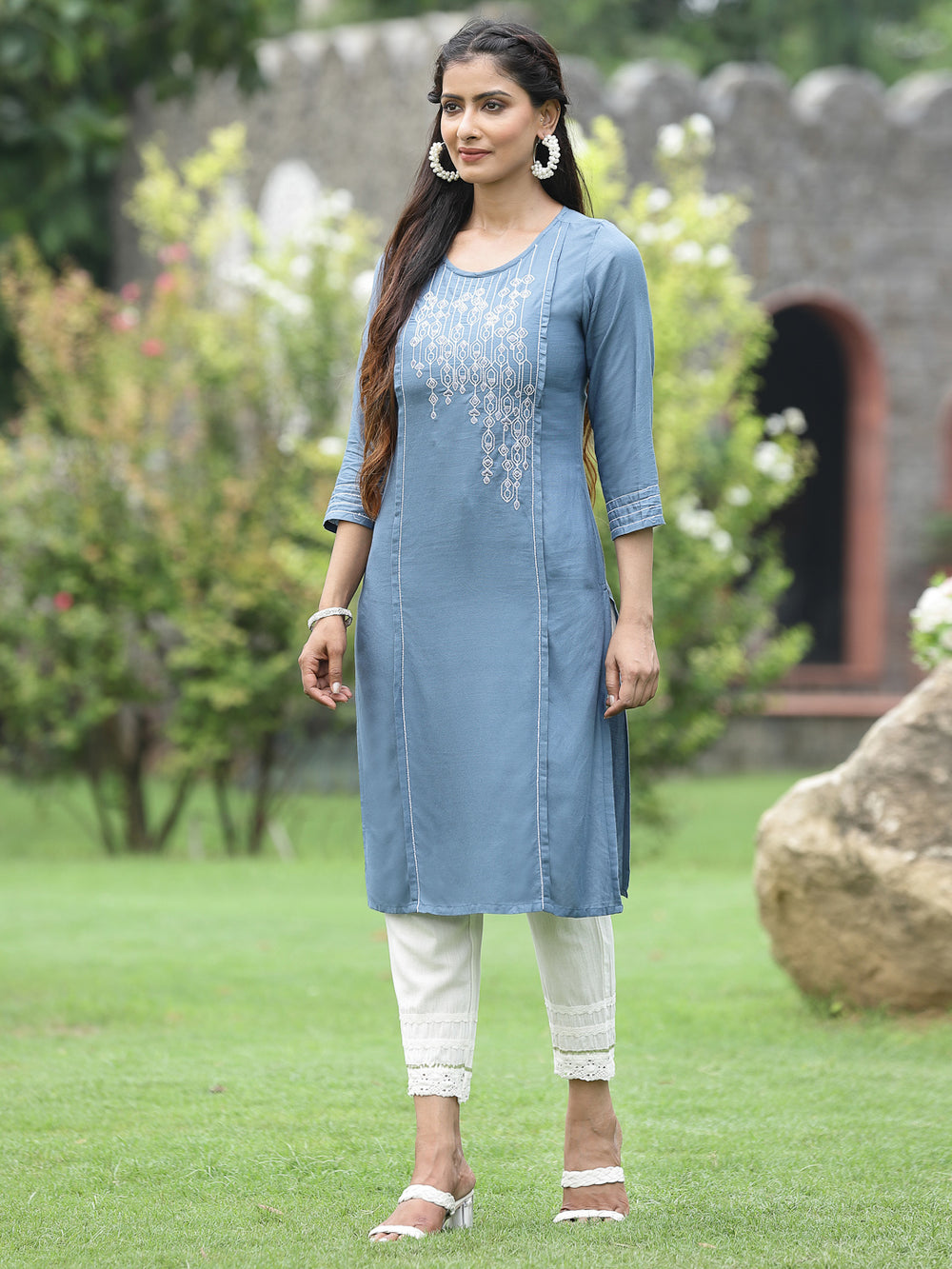 Juniper Women Grey Rayon Festive Wear Embroidered Straight Kurta | Grocsy