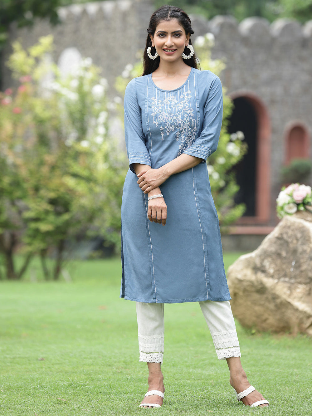 Juniper Women Grey Rayon Festive Wear Embroidered Straight Kurta | Grocsy