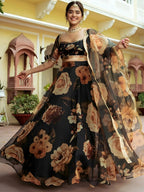 Tulsi Art Beautiful Black Floral Printed Organza Event Wear Lehenga Choli | Grocsy