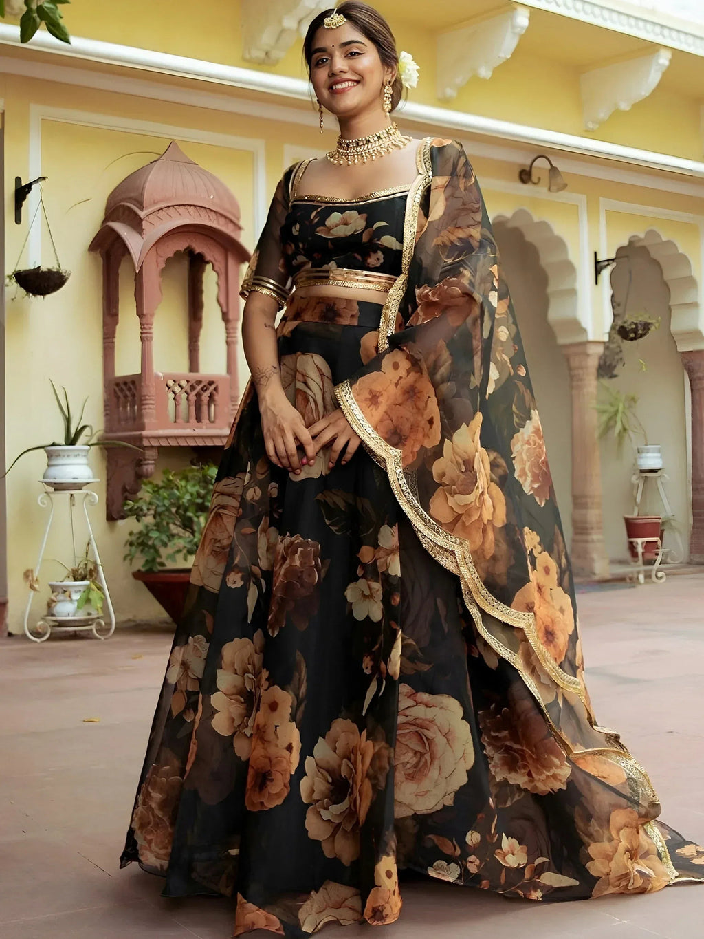 Tulsi Art Beautiful Black Floral Printed Organza Event Wear Lehenga Choli | Grocsy