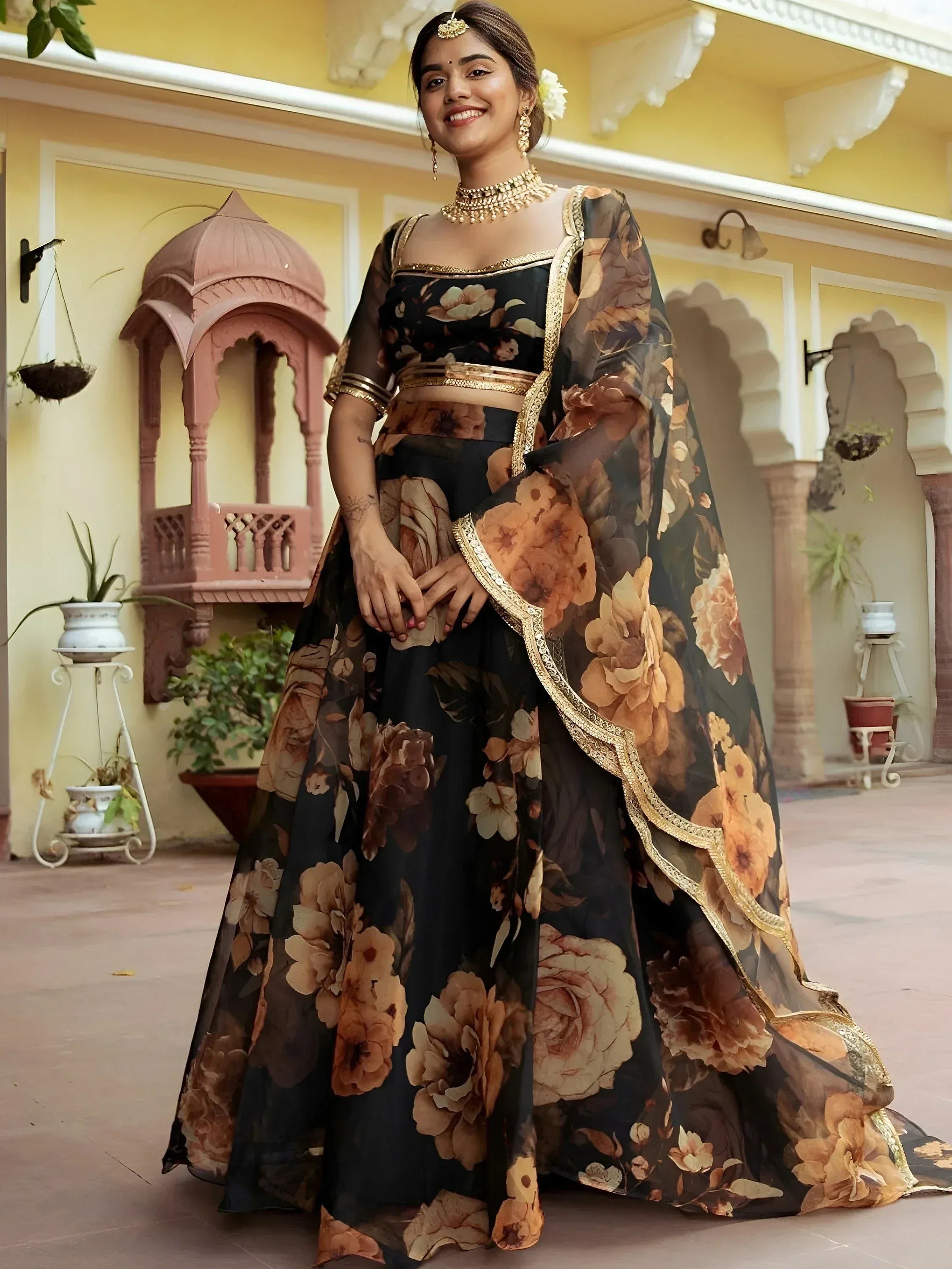 Tulsi Art Beautiful Black Floral Printed Organza Event Wear Lehenga Choli | Grocsy