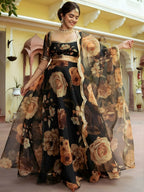 Tulsi Art Beautiful Black Floral Printed Organza Event Wear Lehenga Choli | Grocsy