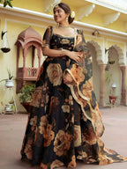 Tulsi Art Beautiful Black Floral Printed Organza Event Wear Lehenga Choli | Grocsy