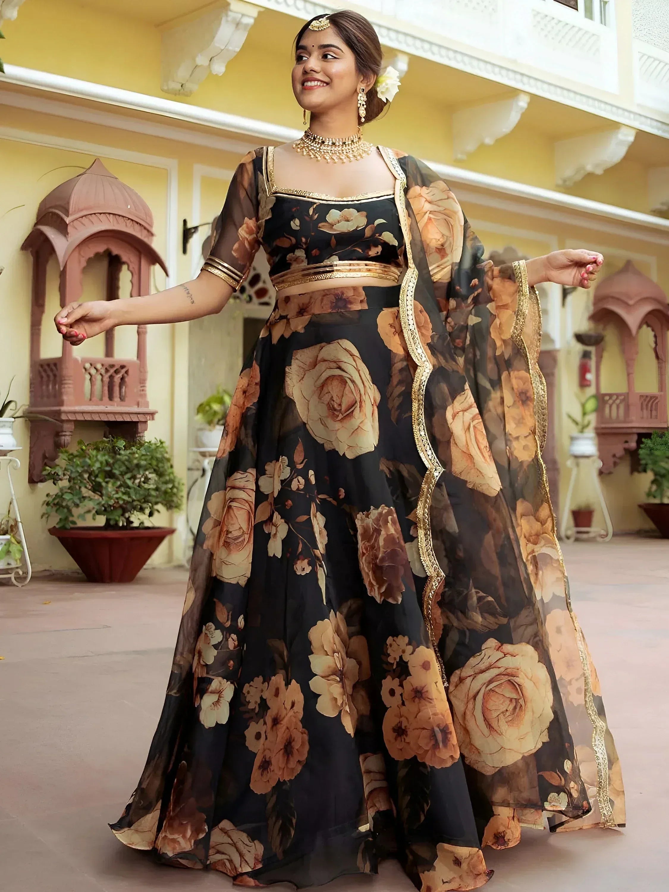 Tulsi Art Beautiful Black Floral Printed Organza Event Wear Lehenga Choli | Grocsy
