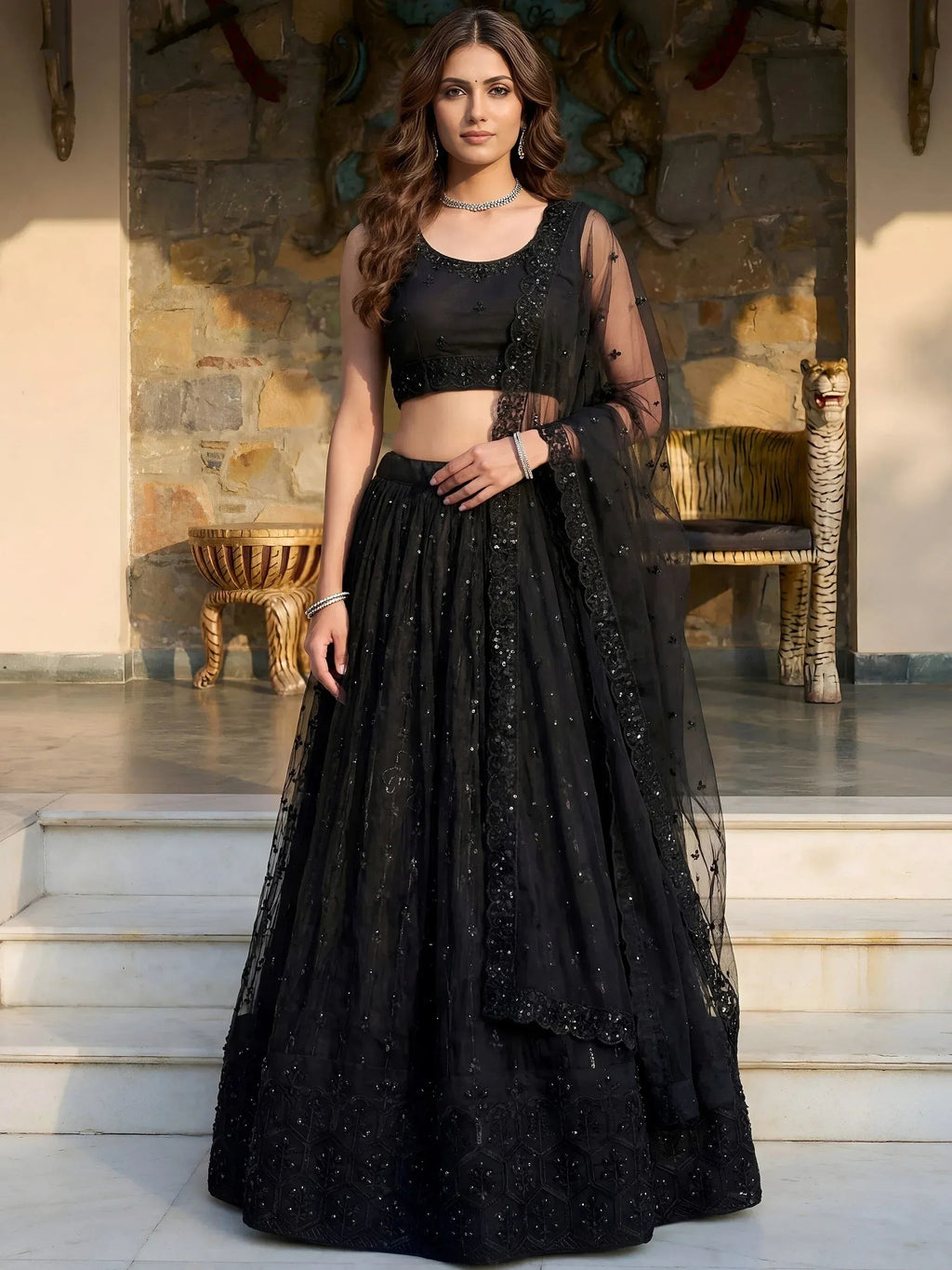 Tulsi Art Gorgeous Black Embroidered Net Reception Wear Lehenga Choli | Grocsy