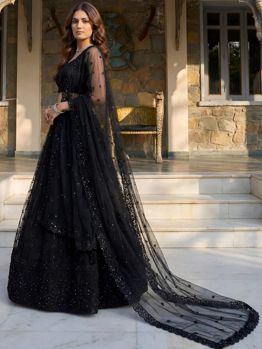 Tulsi Art Gorgeous Black Embroidered Net Reception Wear Lehenga Choli | Grocsy