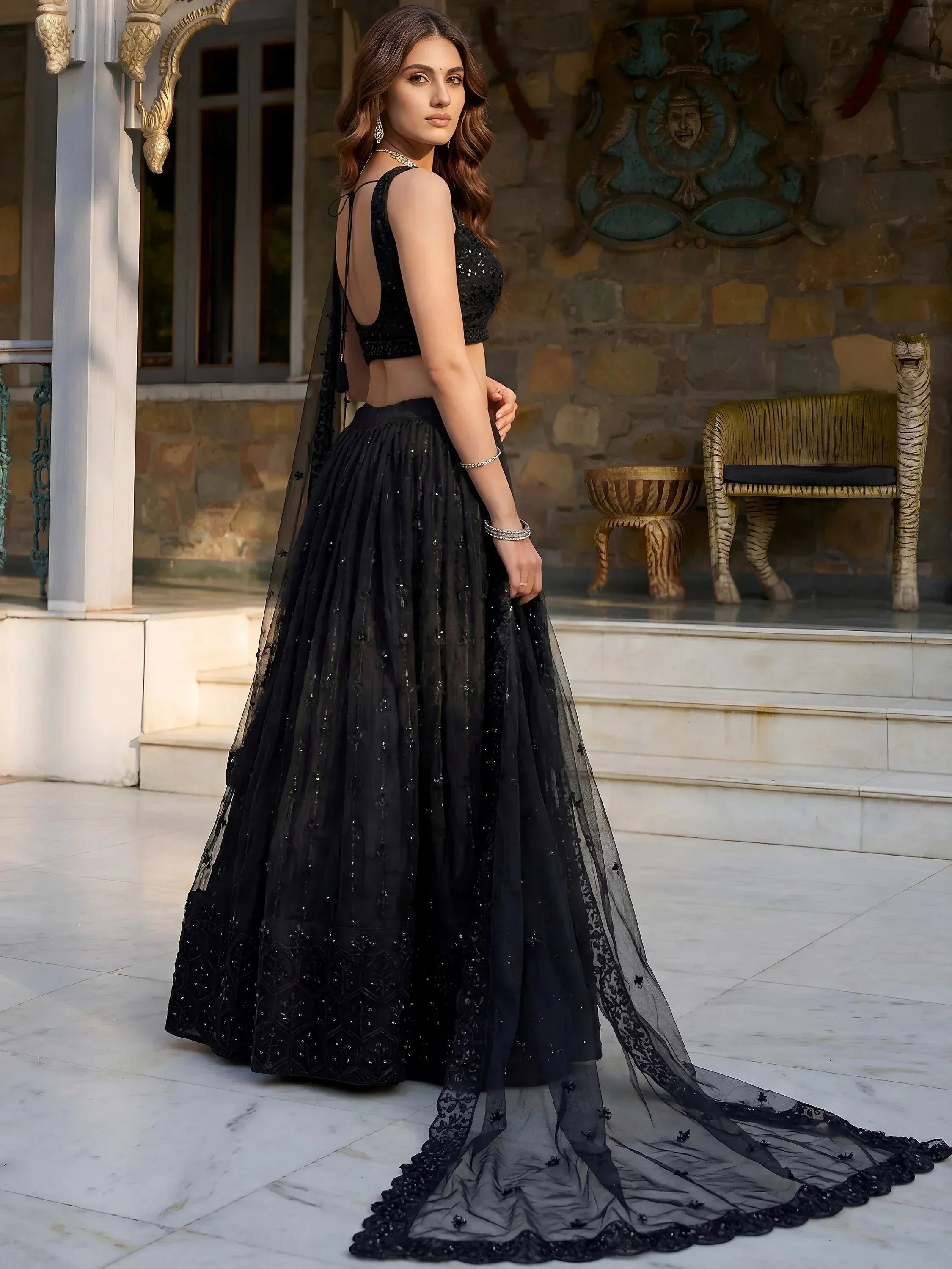 Tulsi Art Gorgeous Black Embroidered Net Reception Wear Lehenga Choli | Grocsy