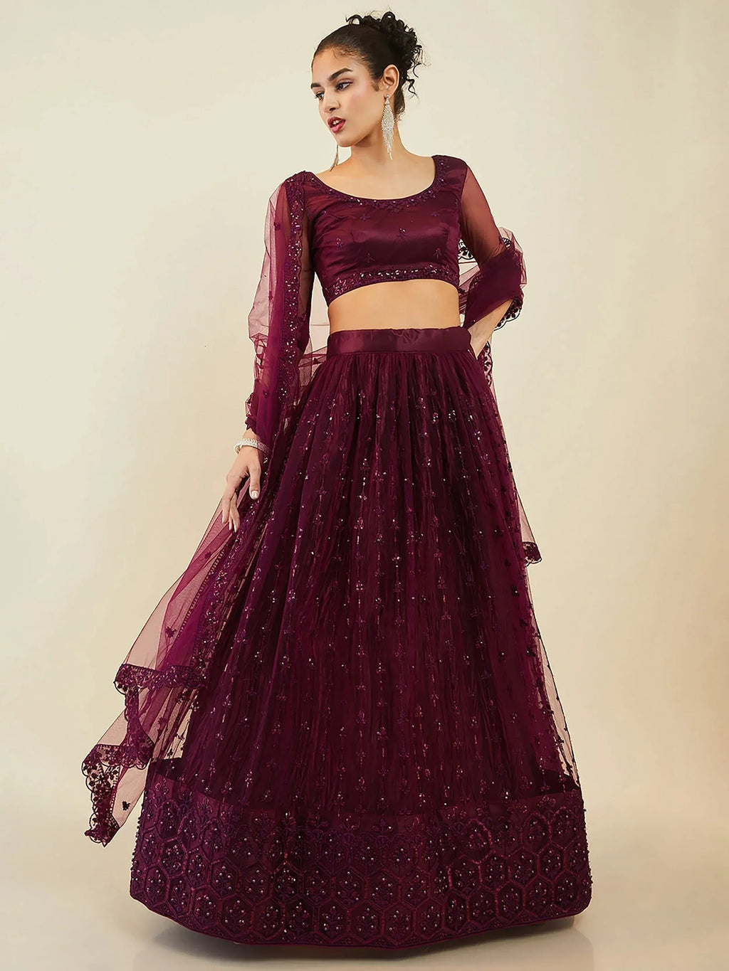 Tulsi Art Stunning Purple Sequins Net Reception Wear Lehenga Choli With Dupatta | Grocsy