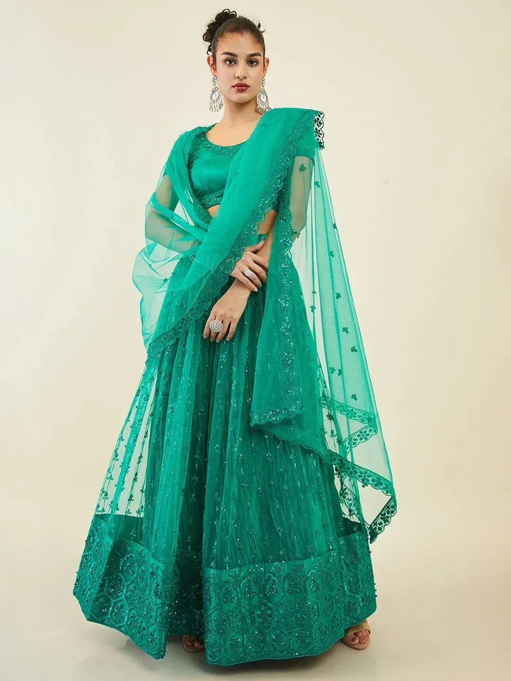 Tulsi Art Dazzling Teal Green Sequins Net Lehenga Choli With Dupatta | Grocsy