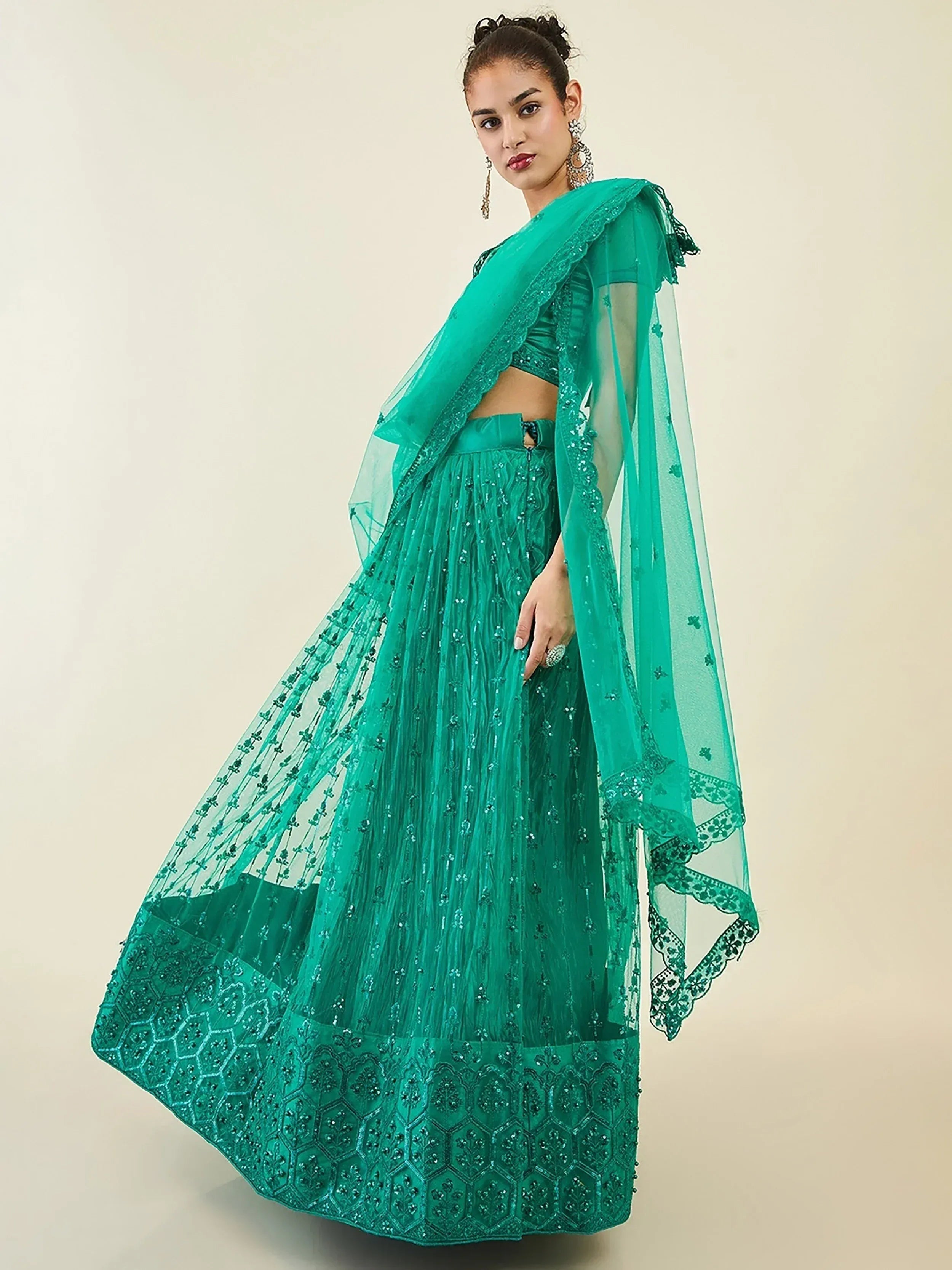 Tulsi Art Dazzling Teal Green Sequins Net Lehenga Choli With Dupatta | Grocsy
