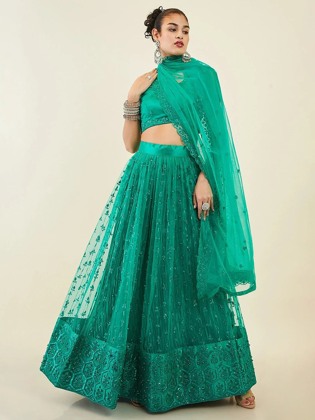 Tulsi Art Dazzling Teal Green Sequins Net Lehenga Choli With Dupatta | Grocsy