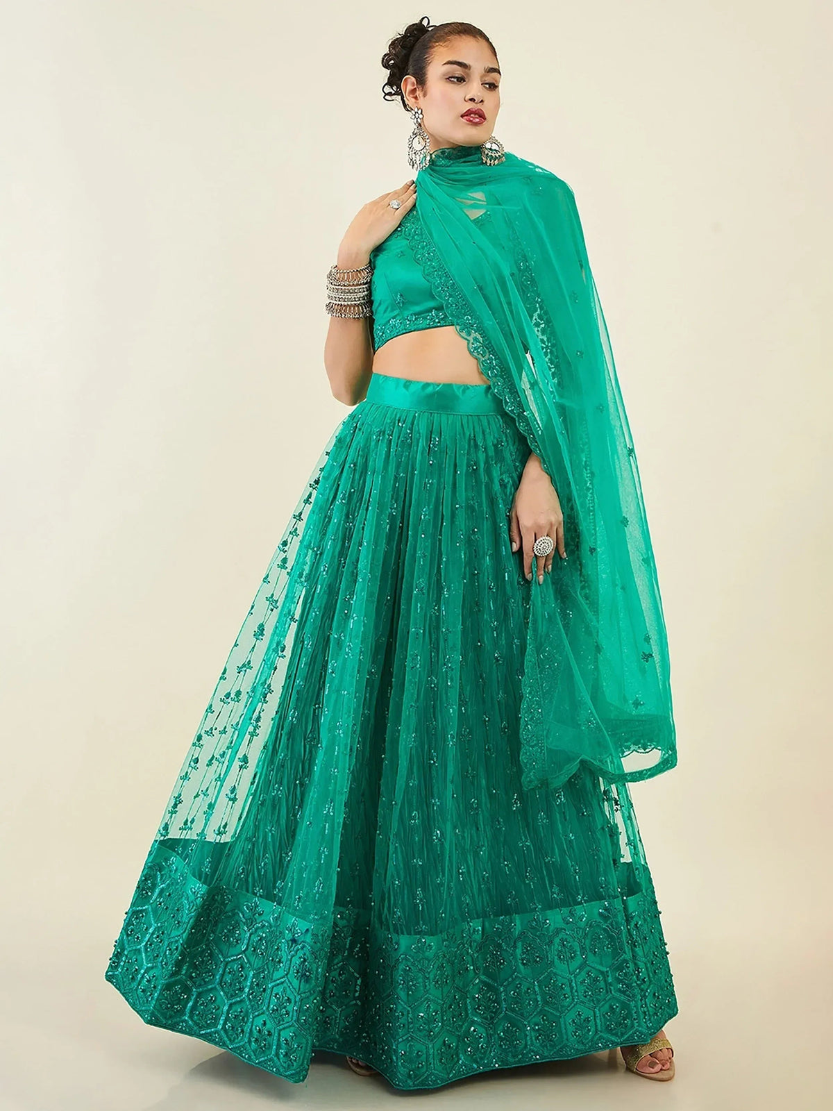 Tulsi Art Dazzling Teal Green Sequins Net Lehenga Choli With Dupatta | Grocsy