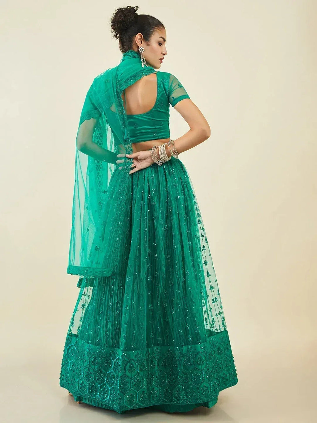 Tulsi Art Dazzling Teal Green Sequins Net Lehenga Choli With Dupatta | Grocsy