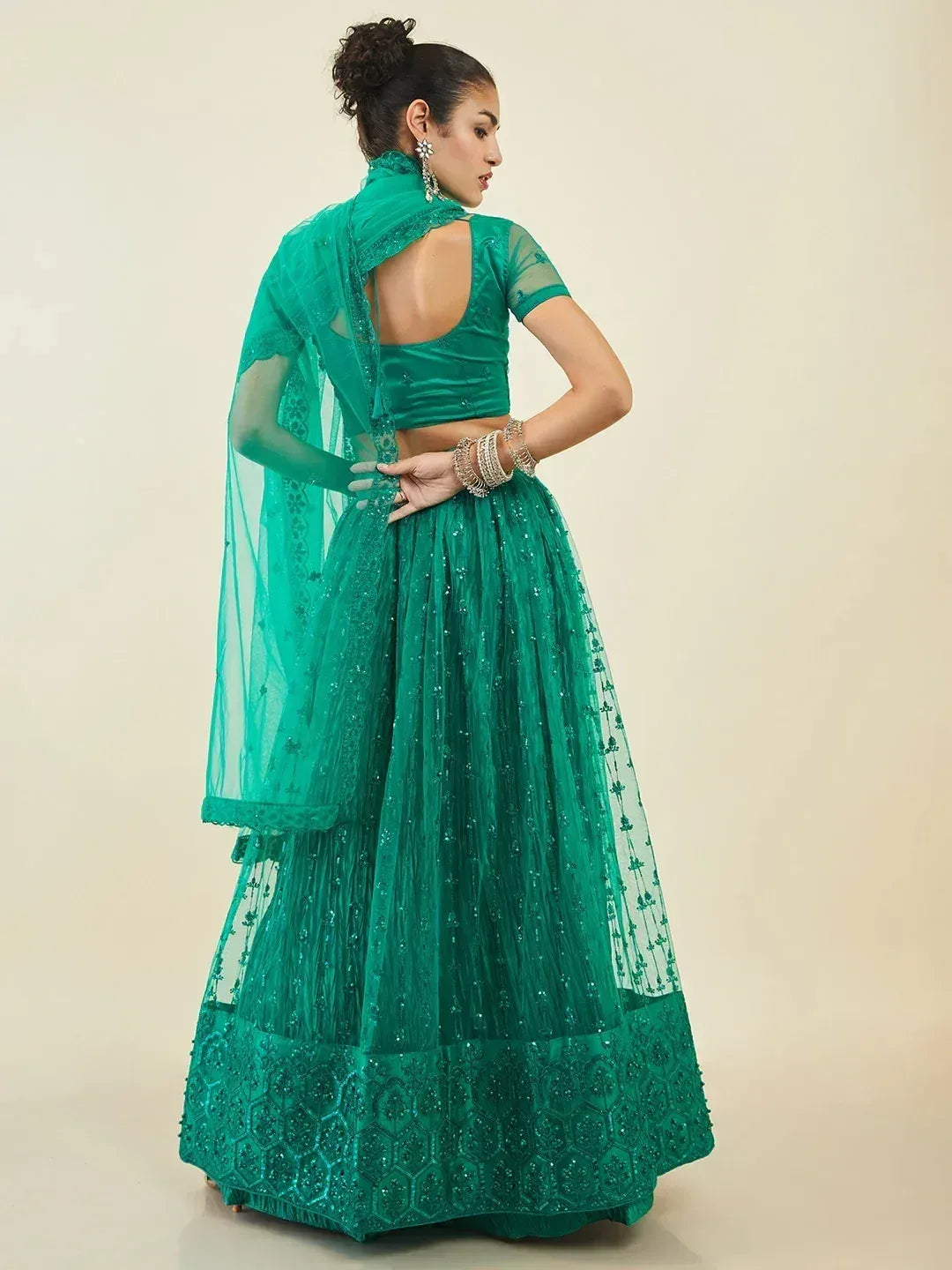 Tulsi Art Dazzling Teal Green Sequins Net Lehenga Choli With Dupatta | Grocsy