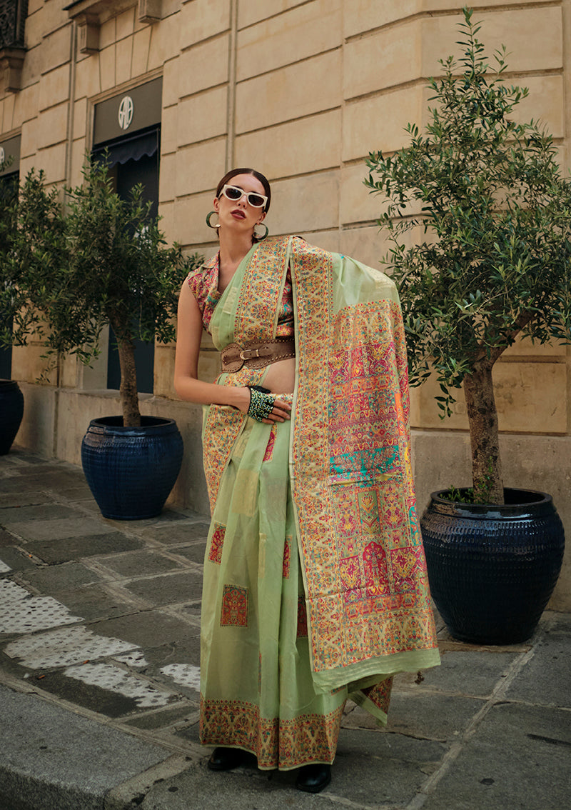 Monjolika Fashion Light Green Color Woven Festival Wear Saree | Grocsy