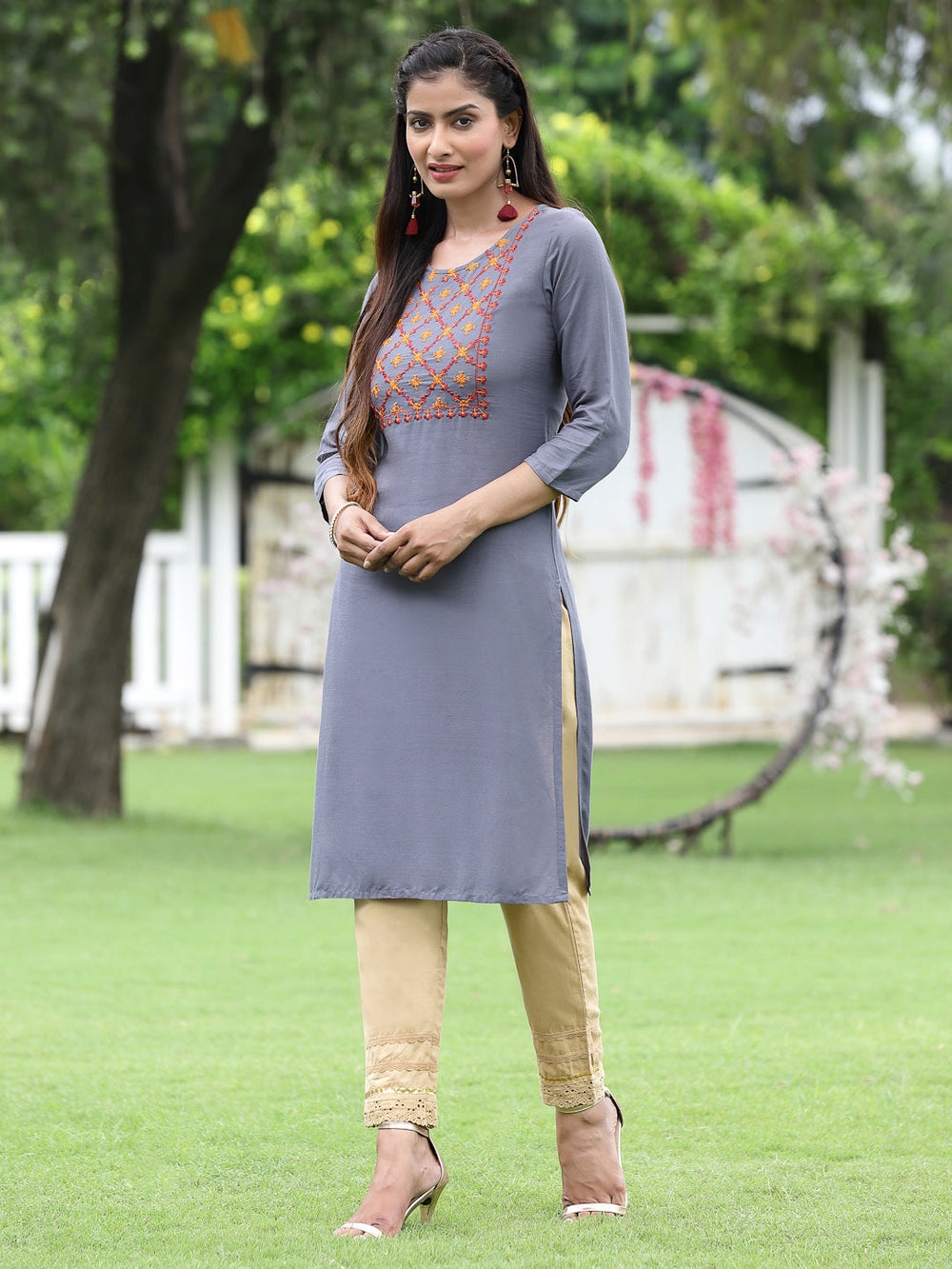 Juniper Women Blue Rayon Festive Wear Embroidered Straight Kurta | Grocsy