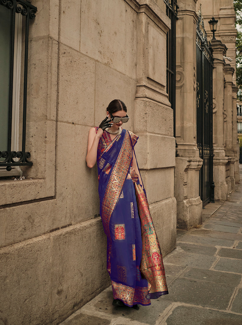 Monjolika Fashion Slate Blue Color Woven Festival Wear Saree | Grocsy