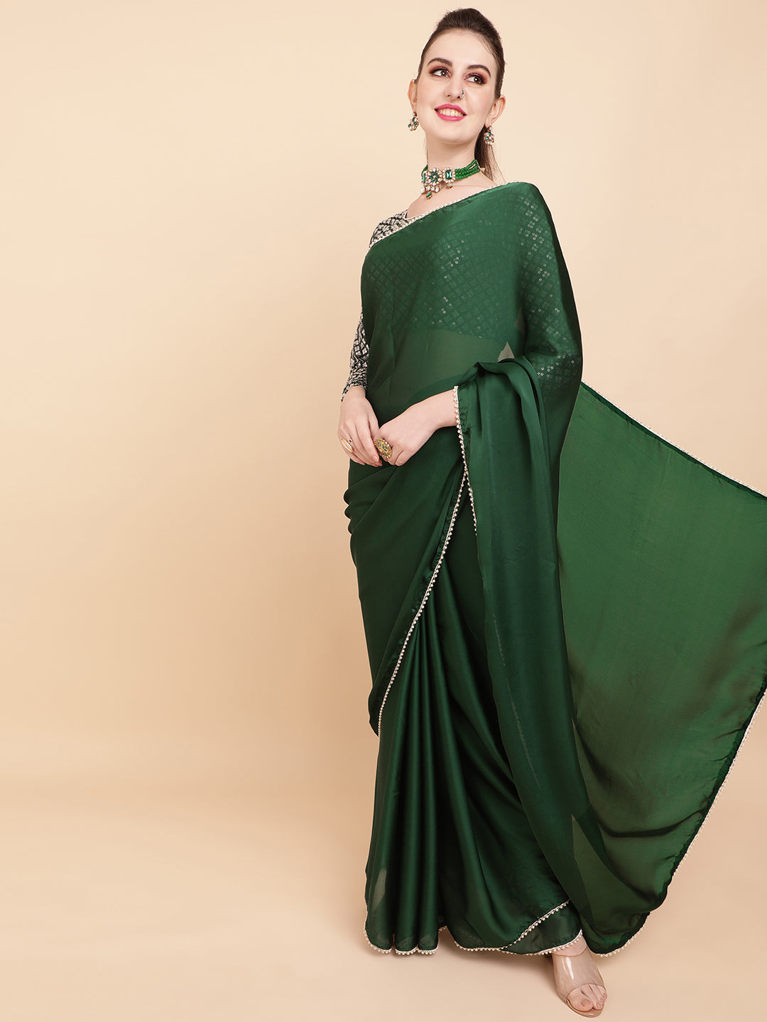 Sangria Green Sequinned Satin Saree | Grocsy