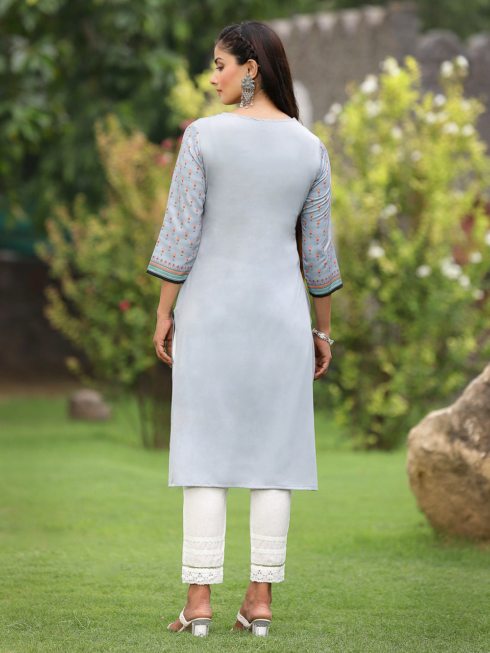 Juniper Women Grey Crepe Casual Wear Digital Printed Straight Kurta | Grocsy