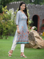 Juniper Women Grey Crepe Casual Wear Digital Printed Straight Kurta | Grocsy