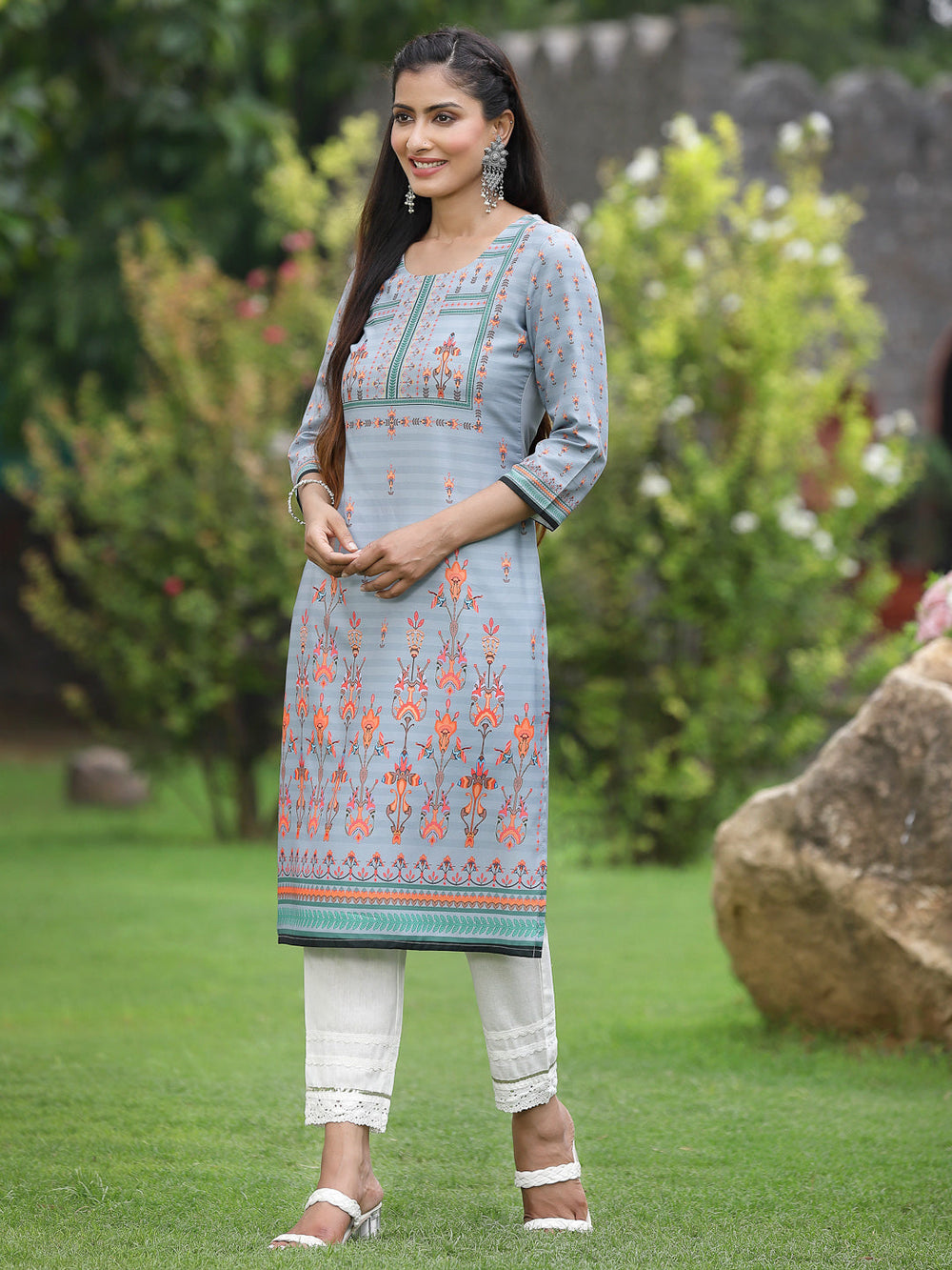 Juniper Women Grey Crepe Casual Wear Digital Printed Straight Kurta | Grocsy