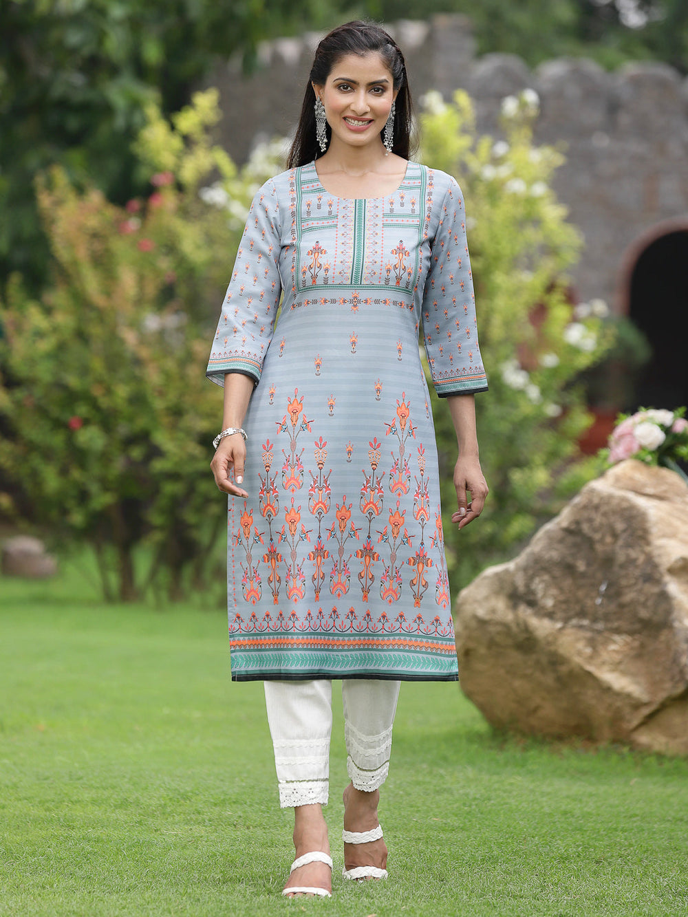 Juniper Women Grey Crepe Casual Wear Digital Printed Straight Kurta | Grocsy