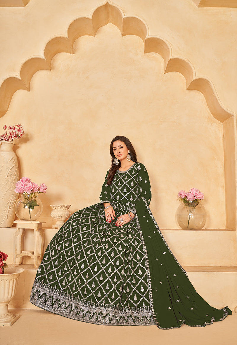 Monjolika Fashion Embroidered Party Wear Olive Green Salwar Suit | Grocsy