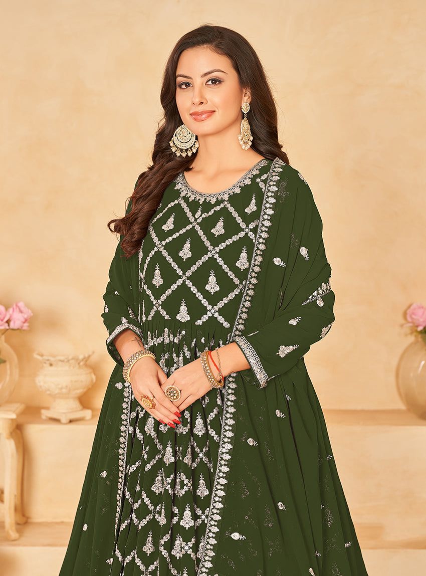 Monjolika Fashion Embroidered Party Wear Olive Green Salwar Suit | Grocsy
