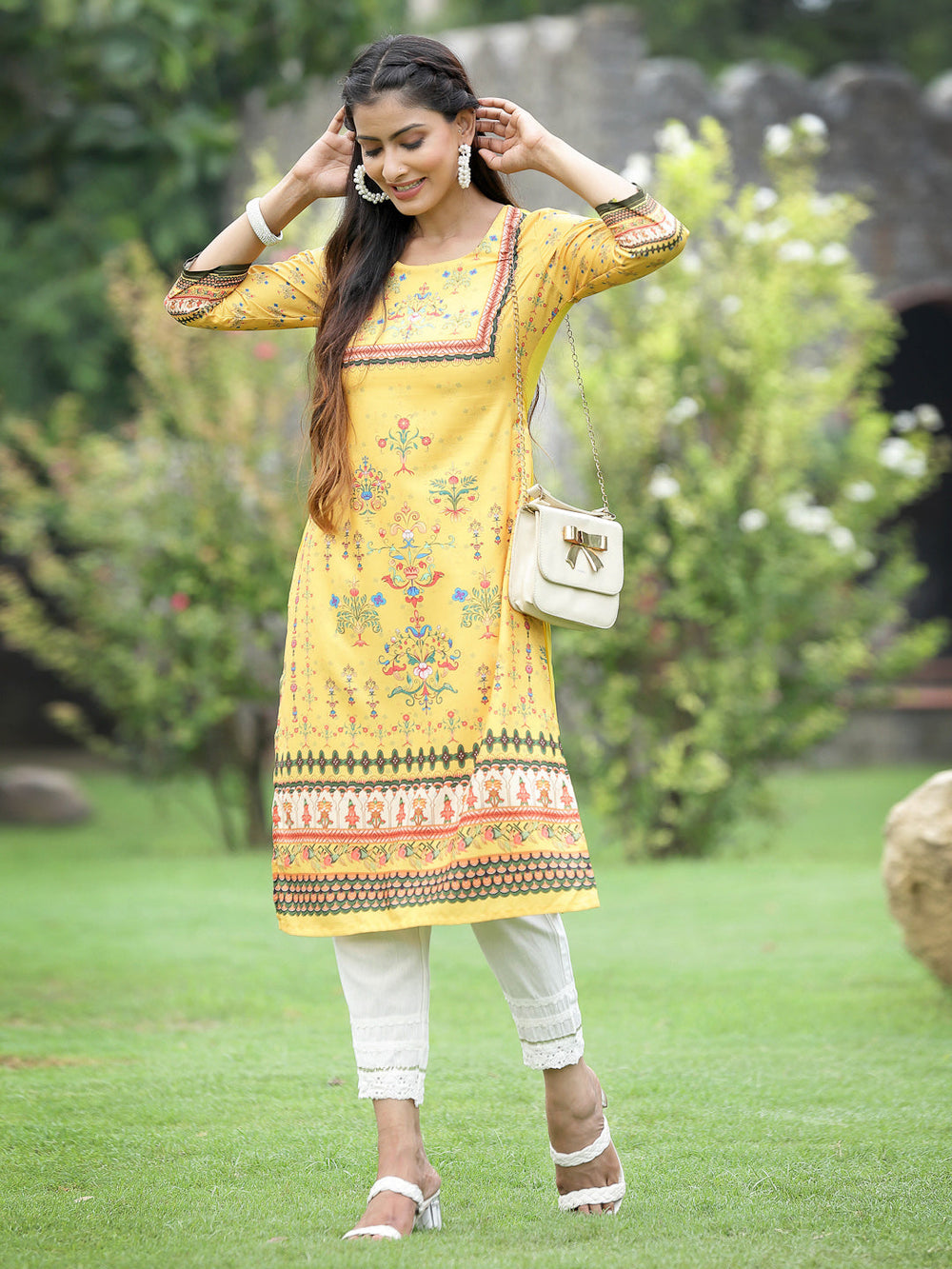 Juniper Women Yellow Crepe Casual Wear Digital Printed Straight Kurta | Grocsy