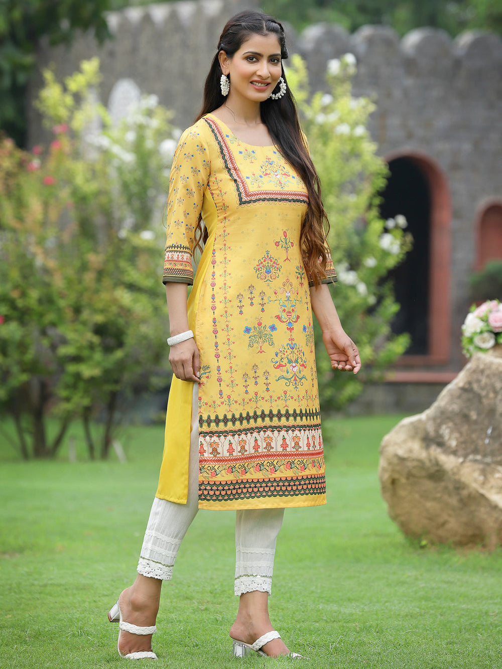Juniper Women Yellow Crepe Casual Wear Digital Printed Straight Kurta | Grocsy