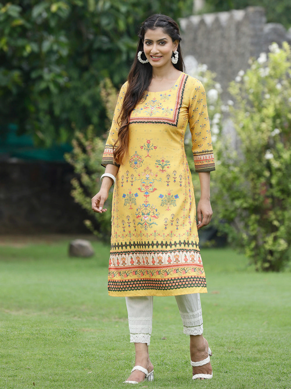 Juniper Women Yellow Crepe Casual Wear Digital Printed Straight Kurta | Grocsy