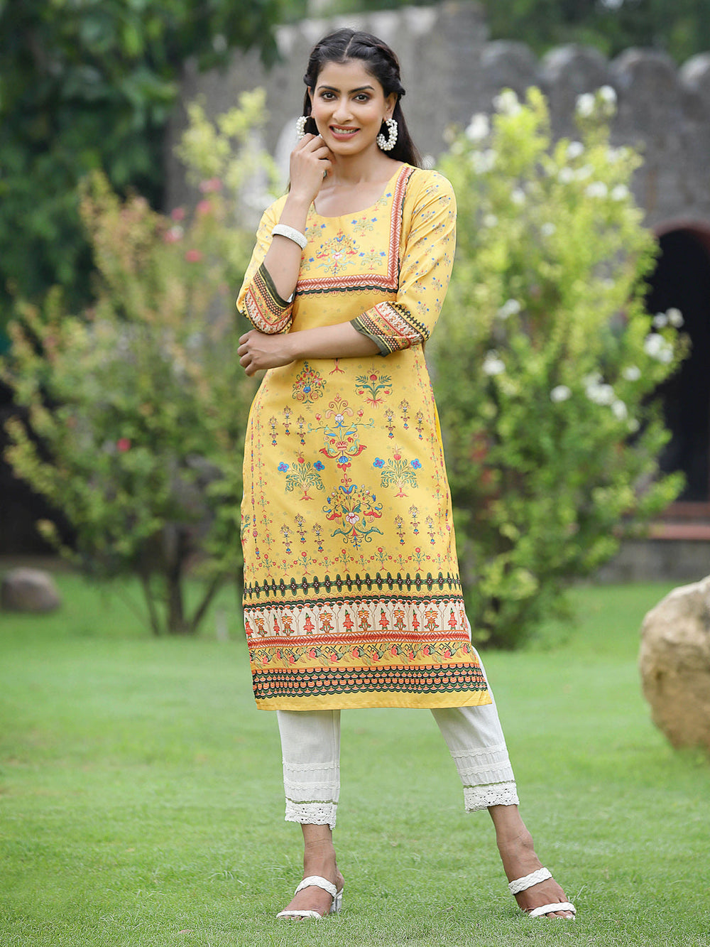 Juniper Women Yellow Crepe Casual Wear Digital Printed Straight Kurta | Grocsy