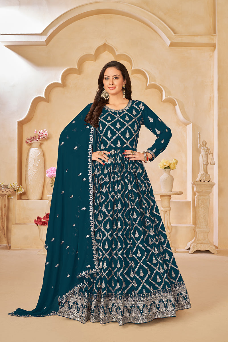Monjolika Fashion Embroidered Party Wear Teal Salwar Suit | Grocsy