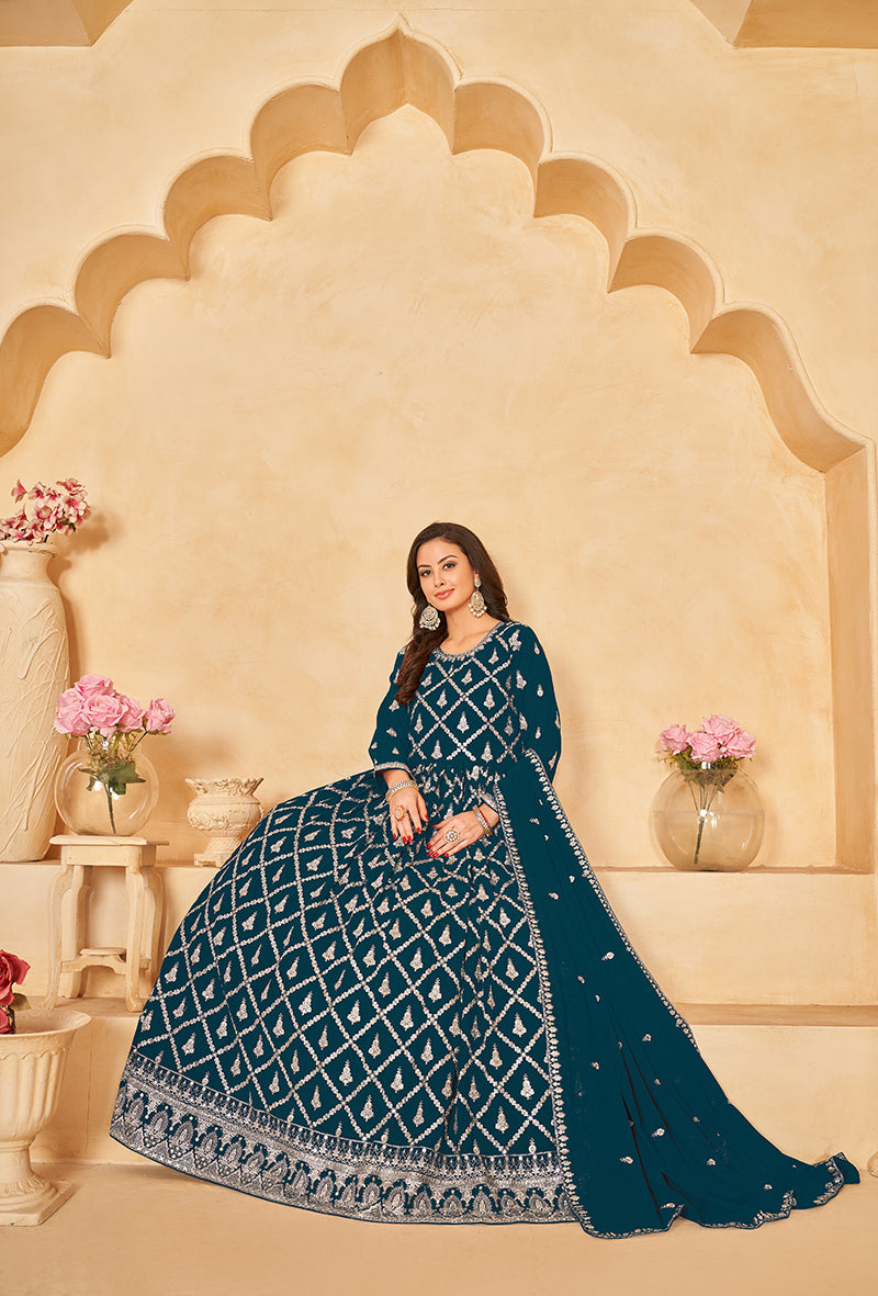 Monjolika Fashion Embroidered Party Wear Teal Salwar Suit | Grocsy