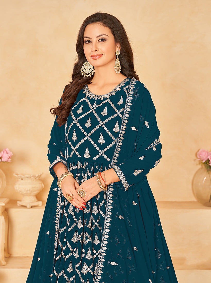 Monjolika Fashion Embroidered Party Wear Teal Salwar Suit | Grocsy
