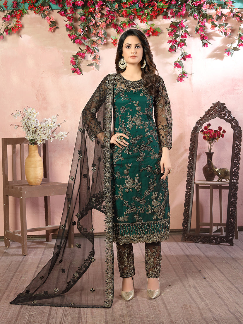 Monjolika Fashion Green Net Embroidery Trendy Salwar Kameez | Grocsy
