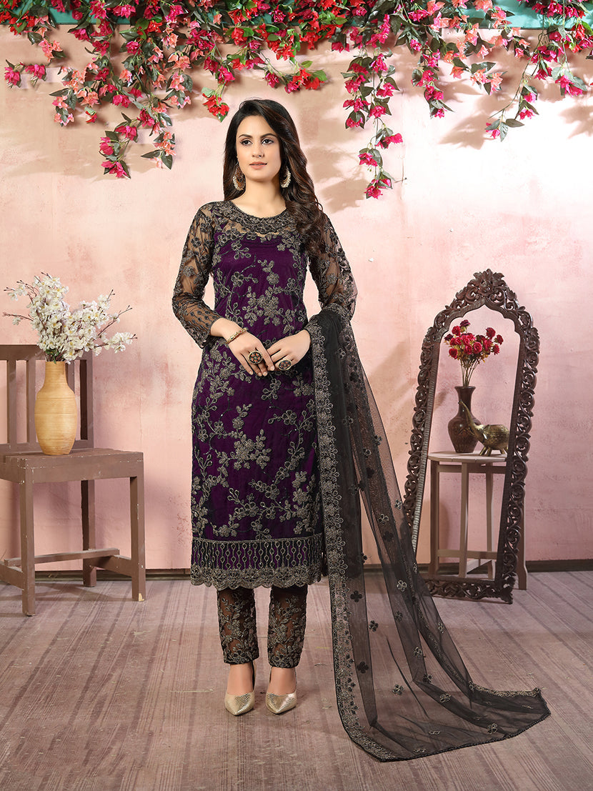 Monjolika Fashion Purple Net Embroidery Trendy Salwar Kameez | Grocsy