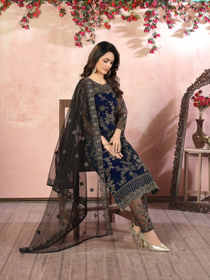 Monjolika Fashion Navy Net Embroidery Trendy Salwar Kameez | Grocsy