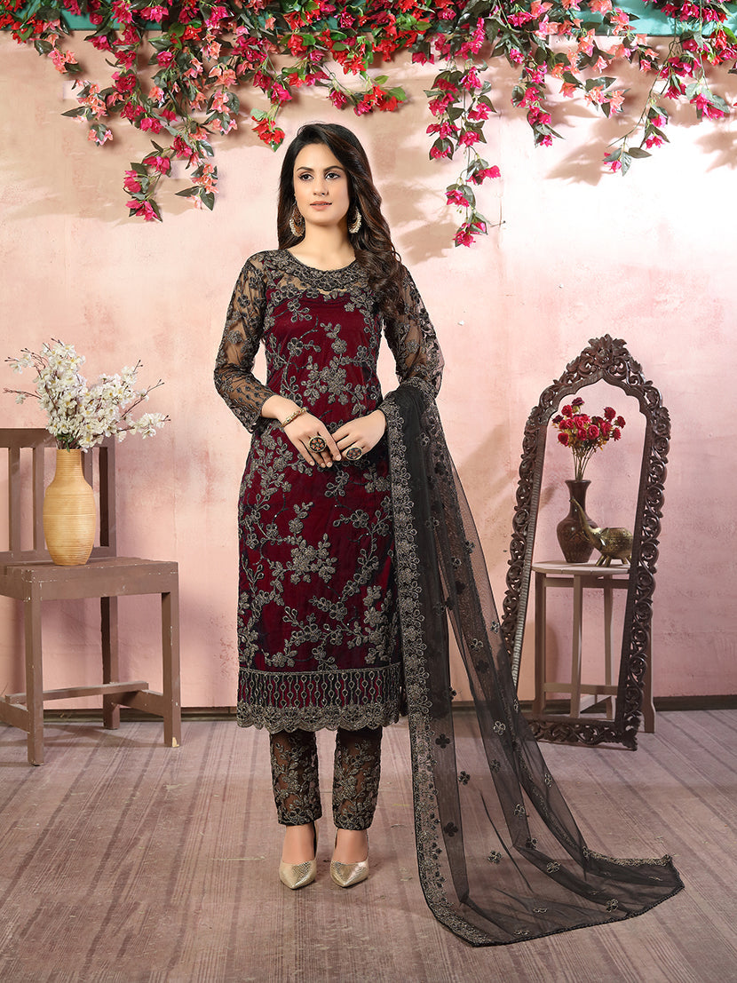 Monjolika Fashion Maroon Net Embroidery Trendy Salwar Kameez | Grocsy