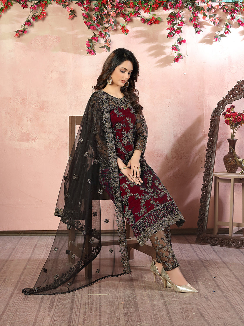Monjolika Fashion Maroon Net Embroidery Trendy Salwar Kameez | Grocsy