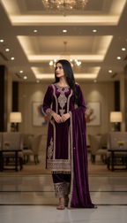 Joban Fashion Purple Velvet Embroidery Sequence Work Readymade Kurta Set | Grocsy