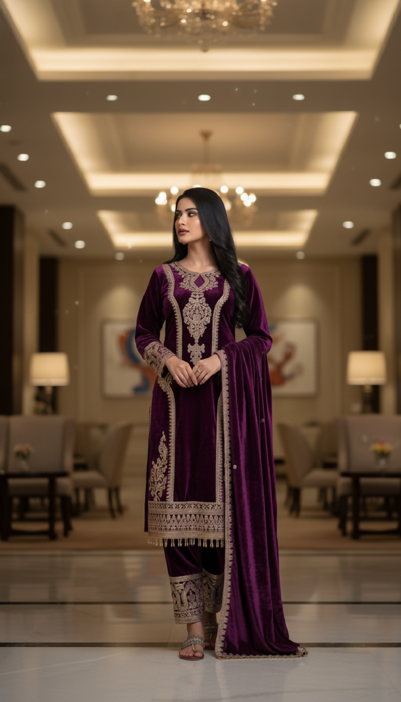 Joban Fashion Purple Velvet Embroidery Sequence Work Readymade Kurta Set | Grocsy