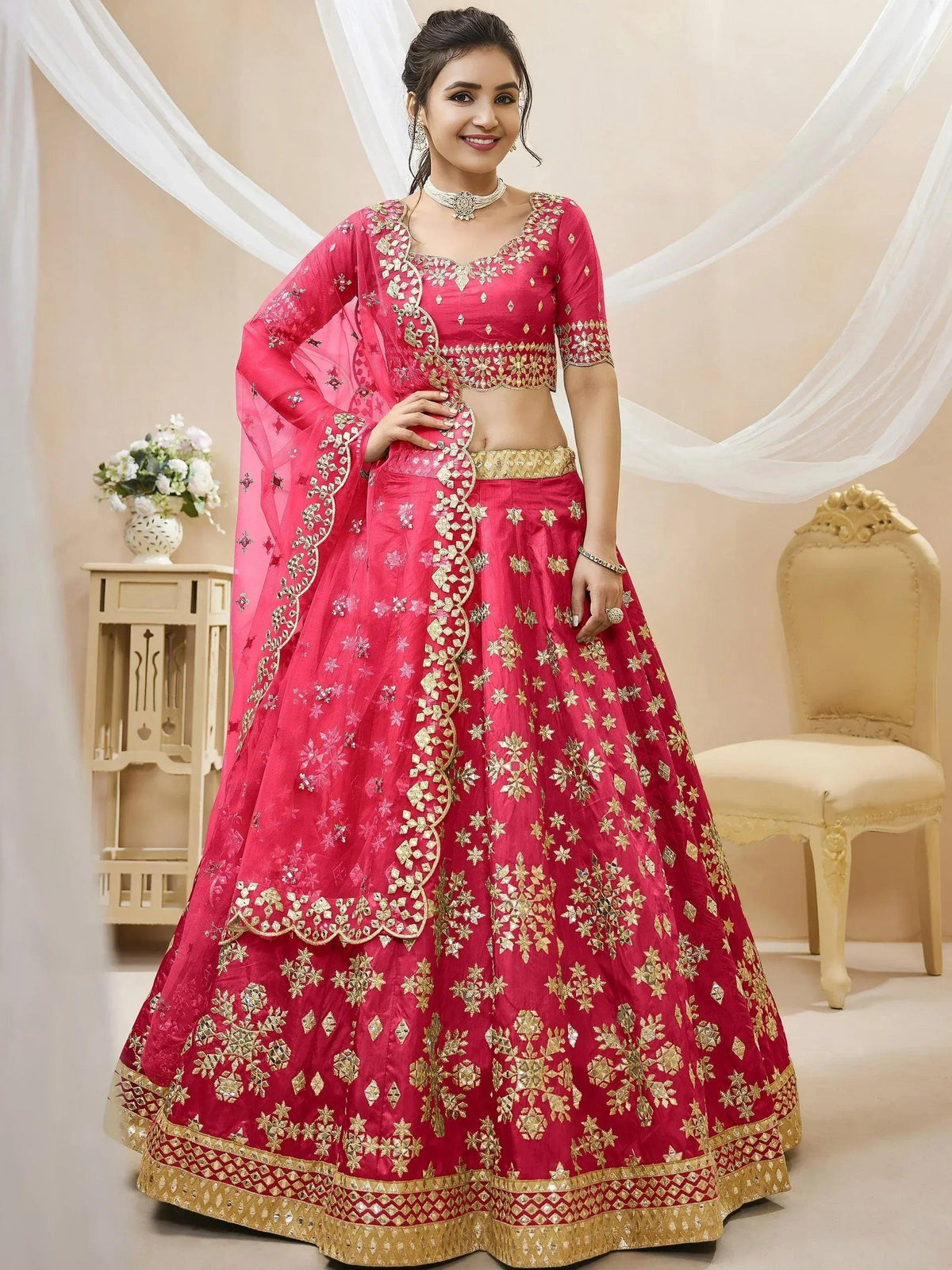 Tulsi Art Outstanding Pink Zari Work Art Silk Reception Wear Lehenga Choli | Grocsy