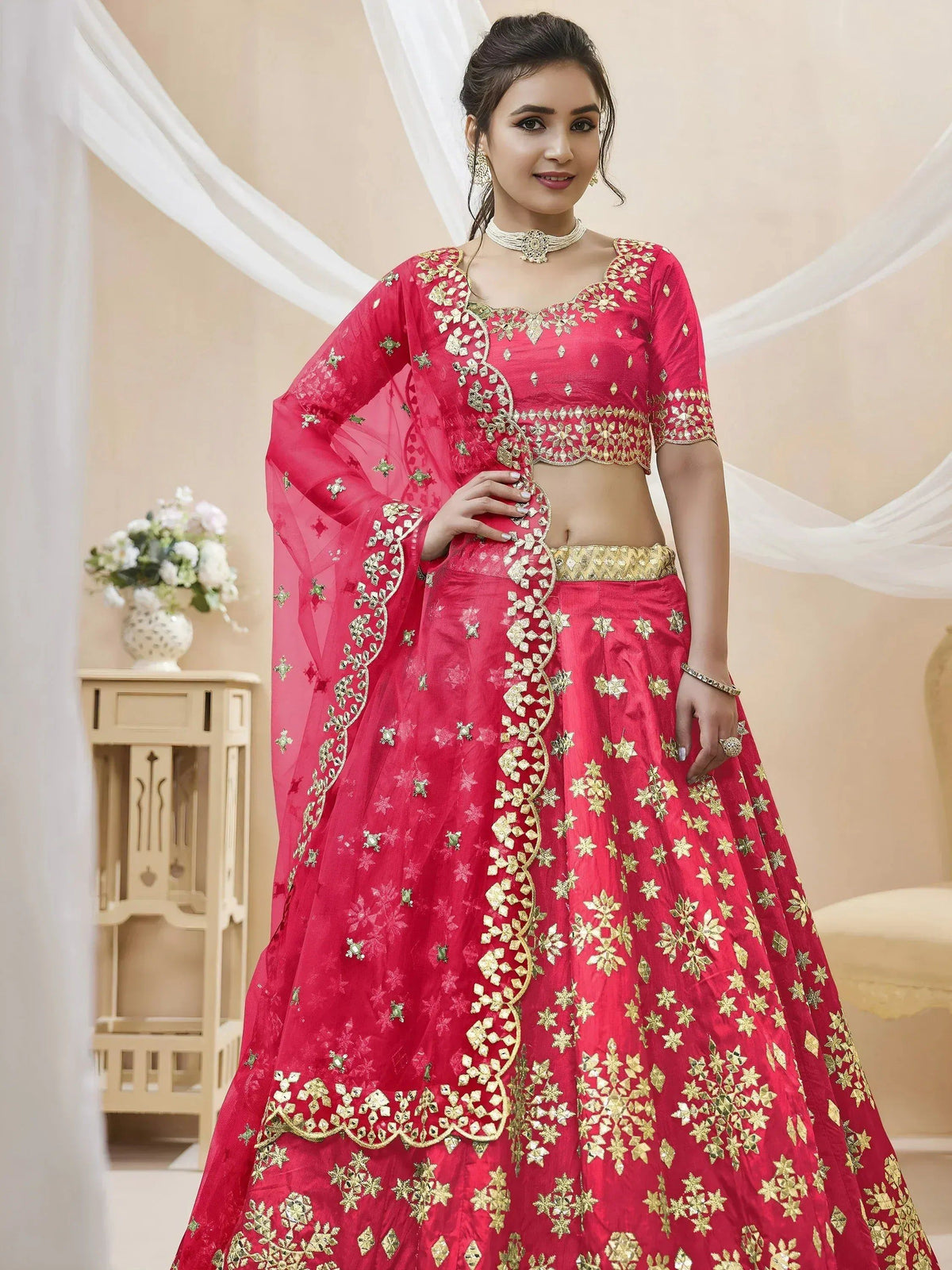 Tulsi Art Outstanding Pink Zari Work Art Silk Reception Wear Lehenga Choli | Grocsy