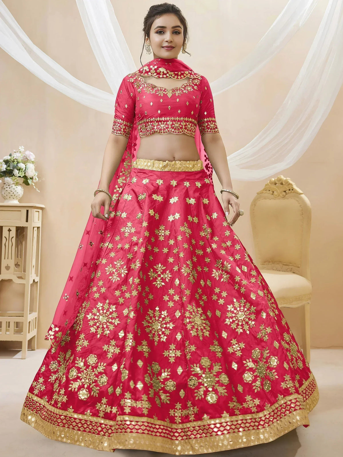 Tulsi Art Outstanding Pink Zari Work Art Silk Reception Wear Lehenga Choli | Grocsy