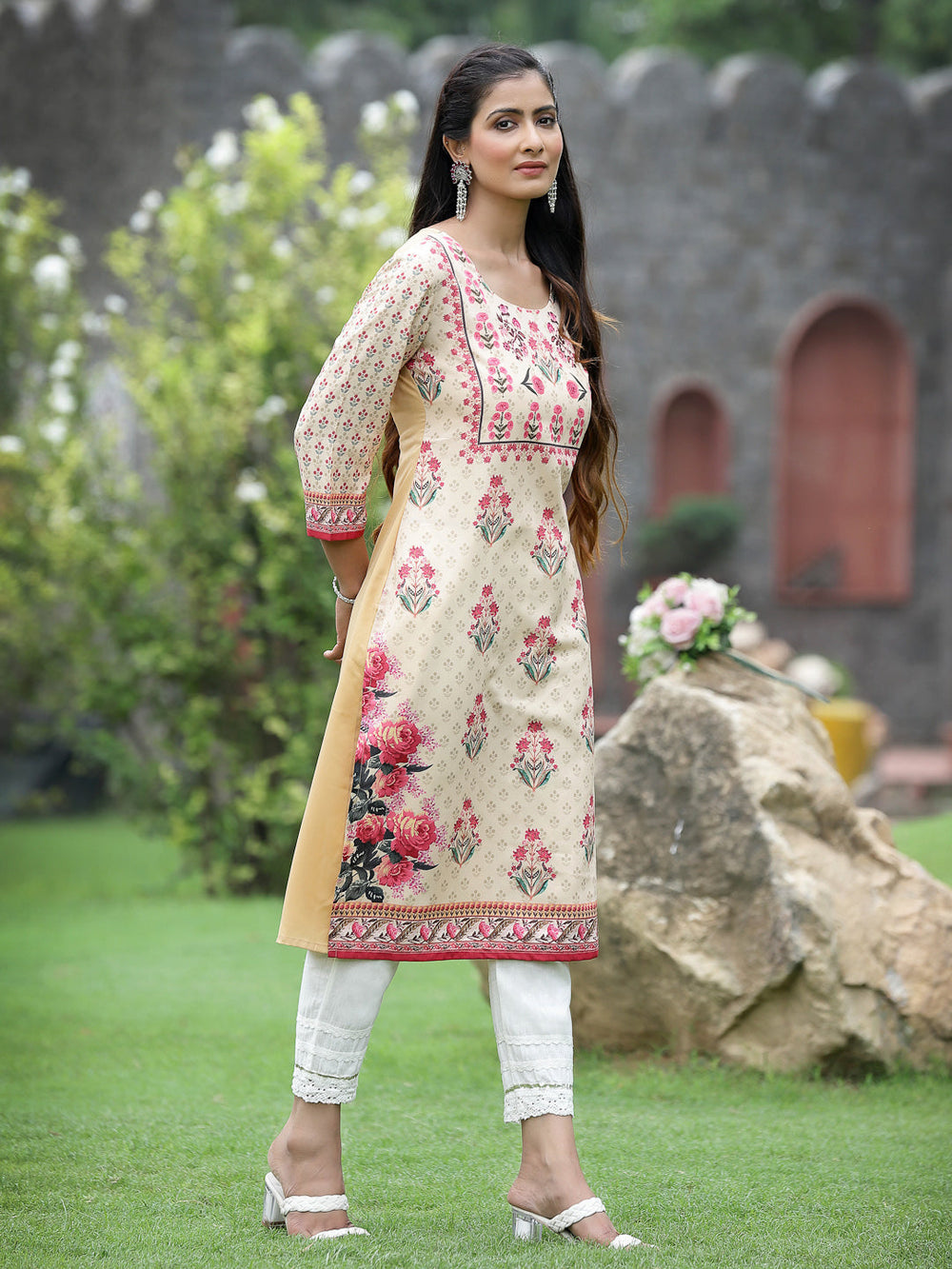 Juniper Women Beige Crepe Casual Wear Digital Printed Straight Kurta | Grocsy