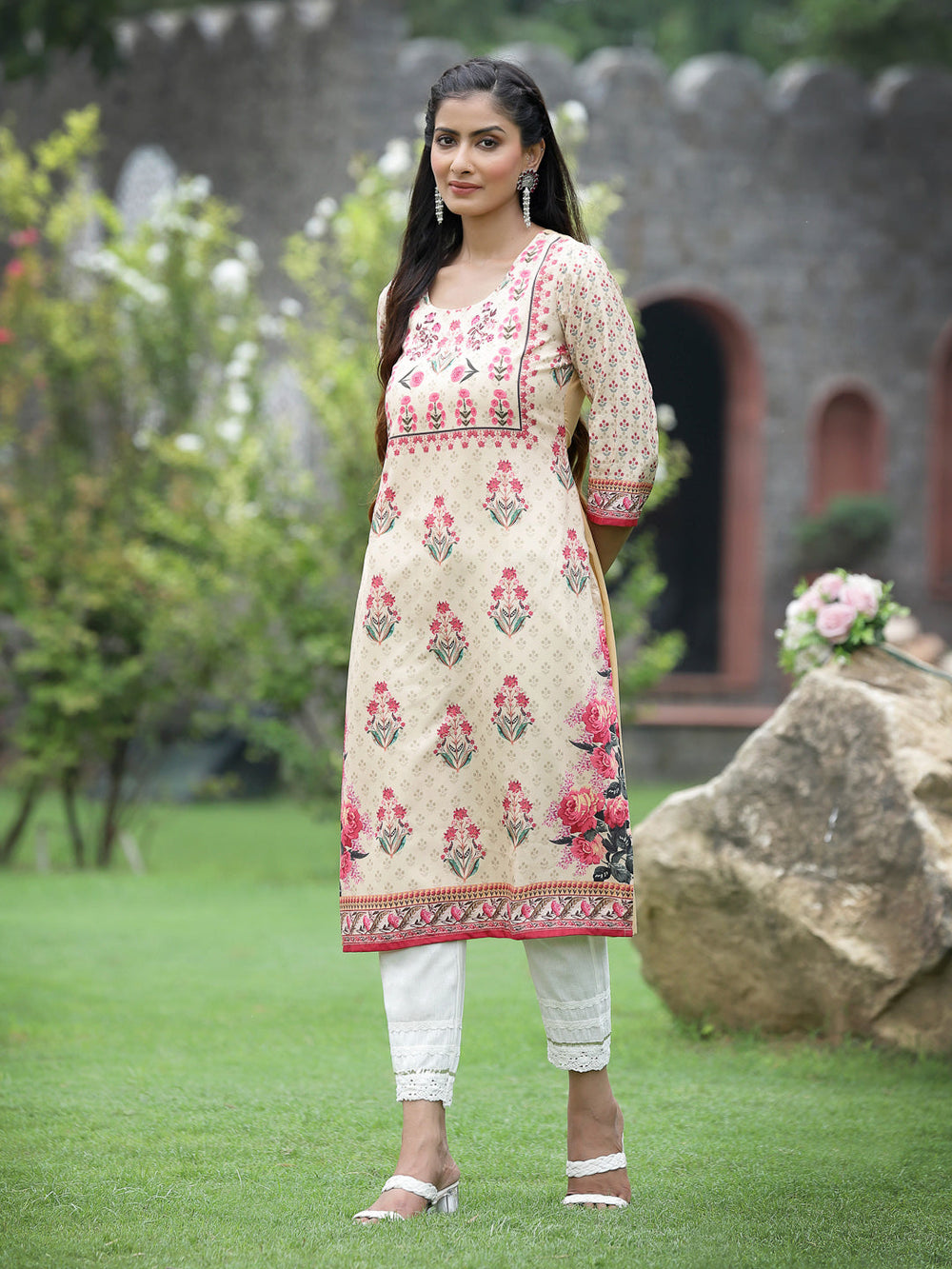 Juniper Women Beige Crepe Casual Wear Digital Printed Straight Kurta | Grocsy