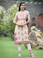 Juniper Women Beige Crepe Casual Wear Digital Printed Straight Kurta | Grocsy